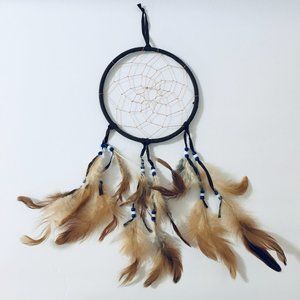 Hanging Brown Woven Dreamcatcher with Feathers & Blue White Beads